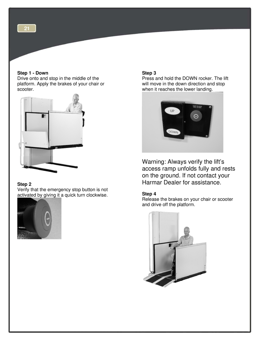 Harmar Mobility CPL400, CPL600, CPL1400, CPL1000, CPL1200, CPL800 manual Down 