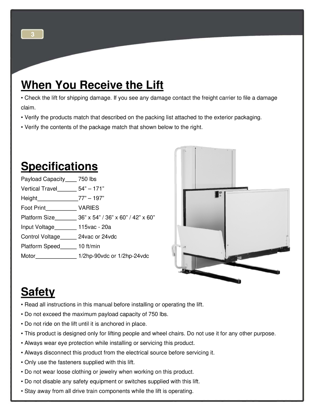 Harmar Mobility CPL400, CPL600, CPL1400, CPL1000, CPL1200, CPL800 manual When You Receive the Lift, Specifications, Safety 