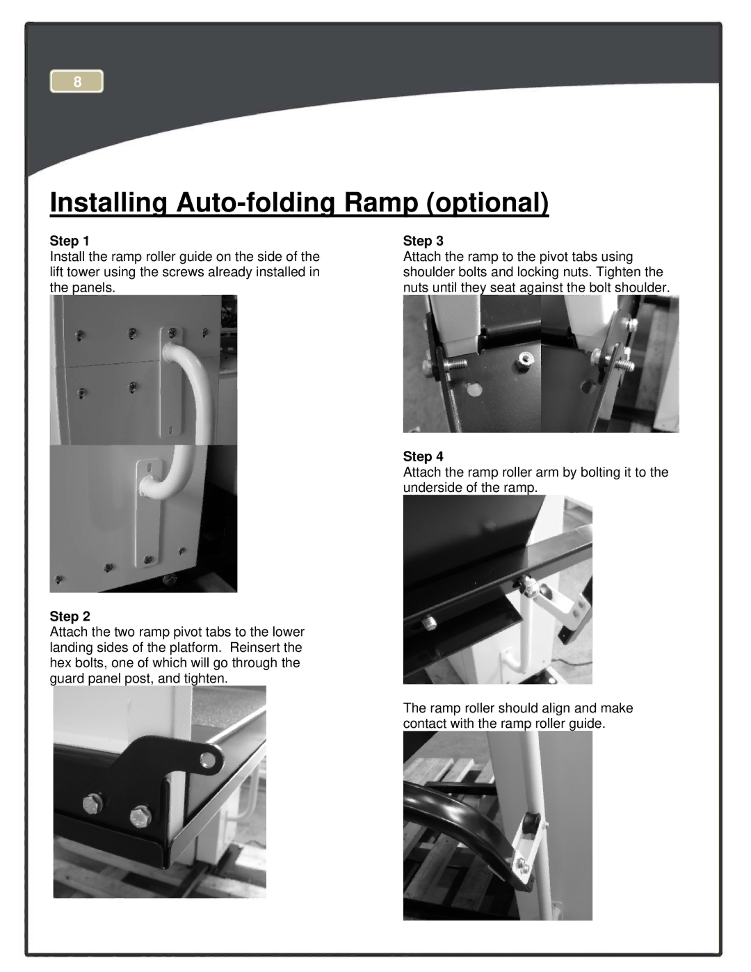 Harmar Mobility CPL1000, CPL600, CPL1400, CPL400, CPL1200, CPL800 manual Installing Auto-folding Ramp optional 