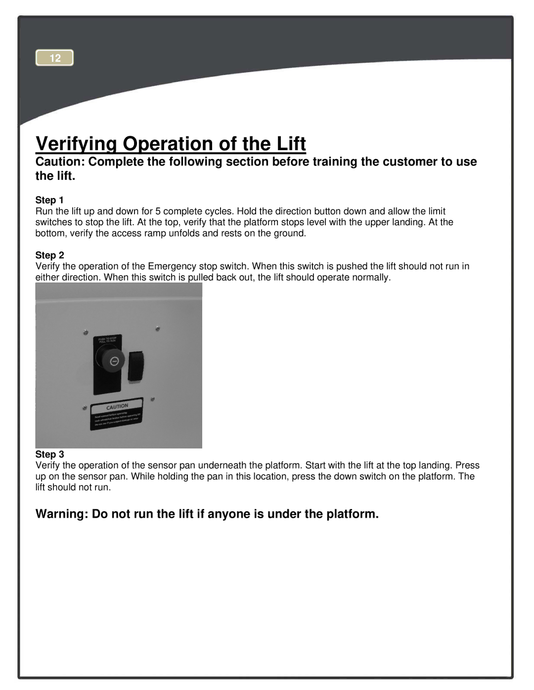 Harmar Mobility RPL600, RPL400 manual Verifying Operation of the Lift 