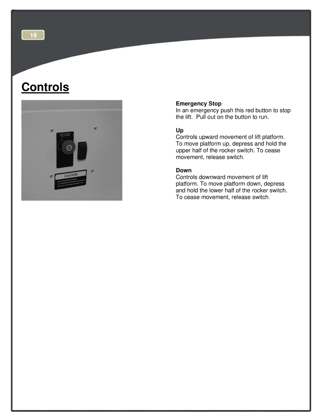 Harmar Mobility RPL400, RPL600 manual Controls, Emergency Stop, Down 