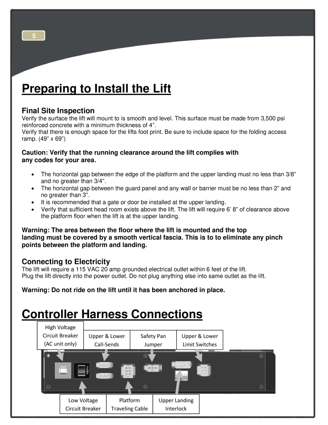 Harmar Mobility RPL400, RPL600 manual Preparing to Install the Lift, Controller Harness Connections 