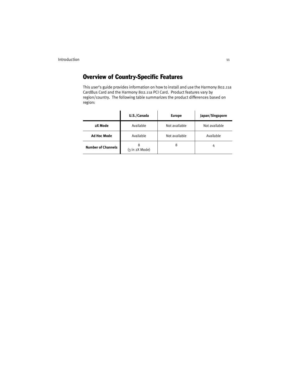 Harmony House 802.11a manual Overview of Country-Specific Features 