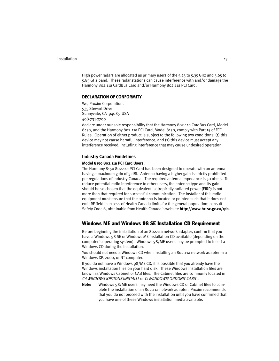 Harmony House 802.11a manual Windows ME and Windows 98 SE Installation CD Requirement, Industry Canada Guidelines 