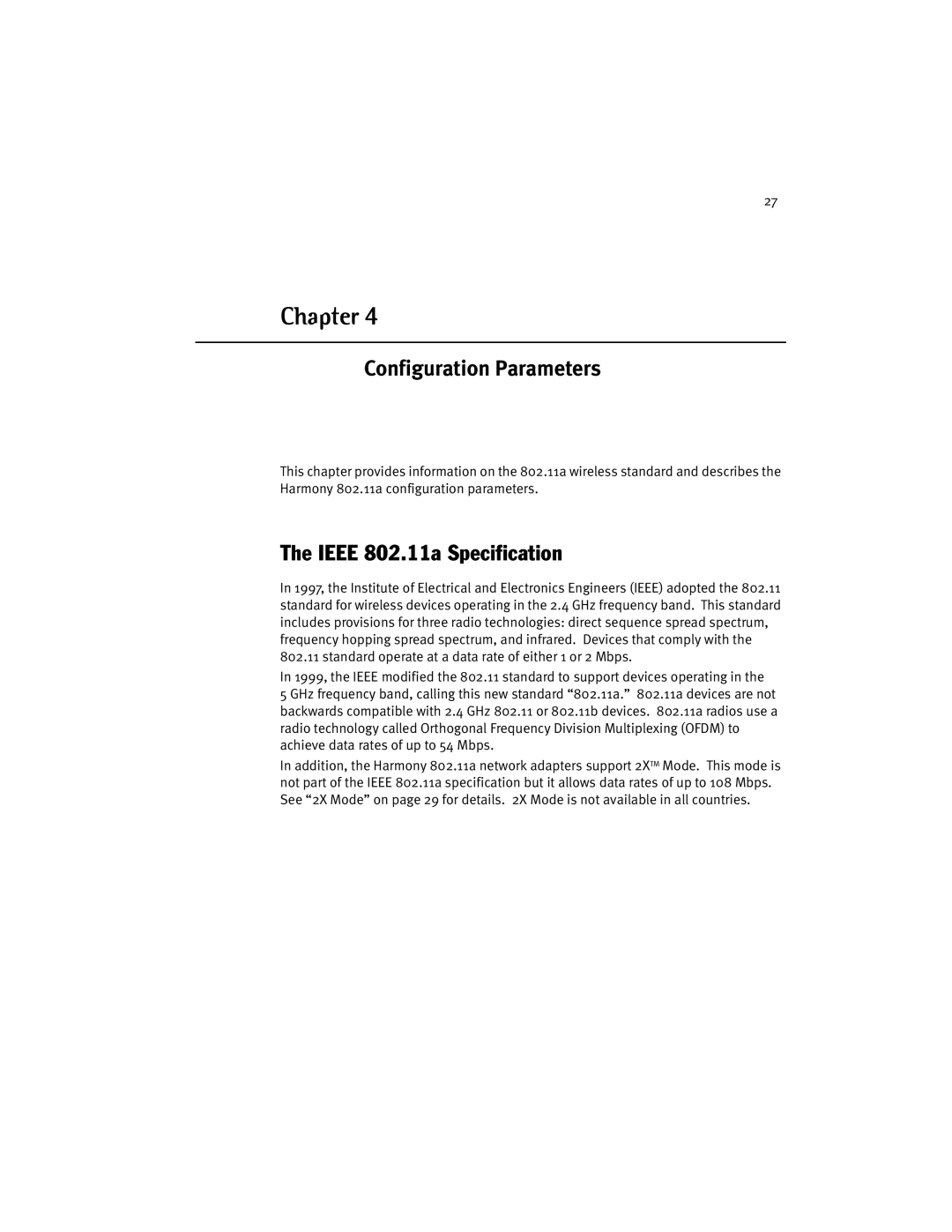 Harmony House manual Configuration Parameters, Ieee 802.11a Specification 