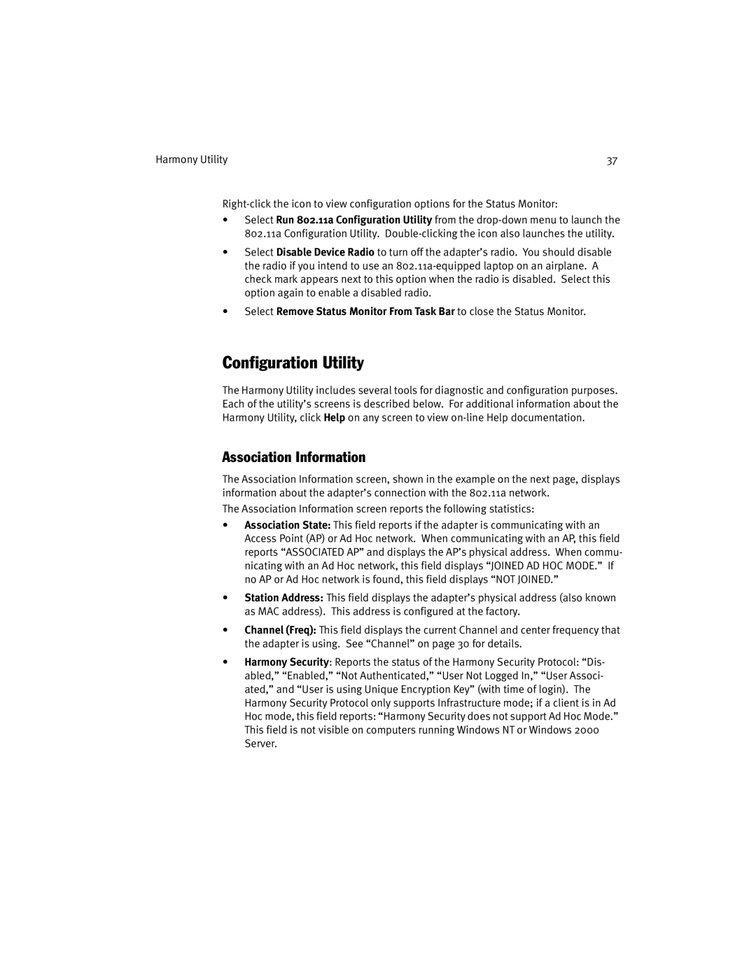 Harmony House 802.11a manual Configuration Utility, Association Information 