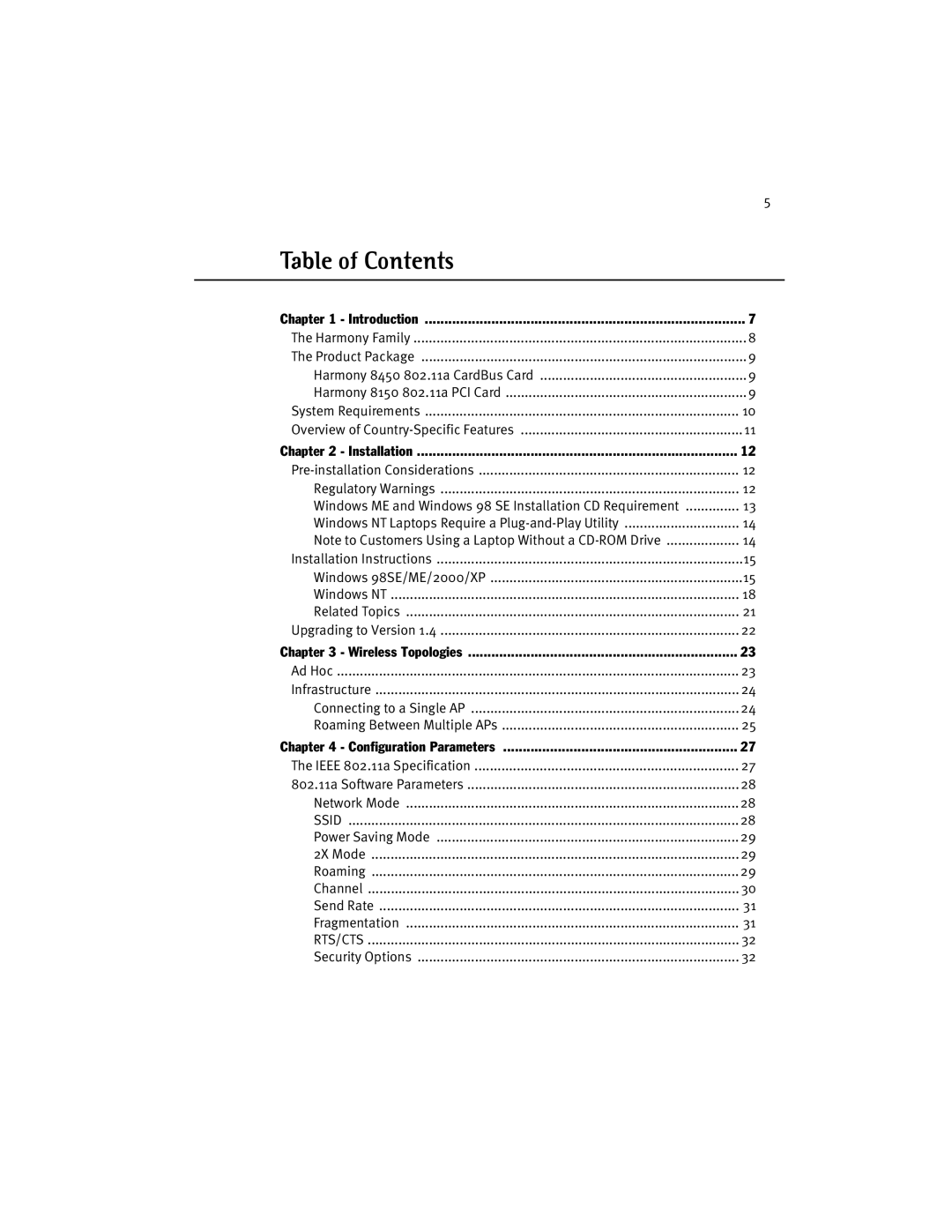 Harmony House 802.11a manual Table of Contents 