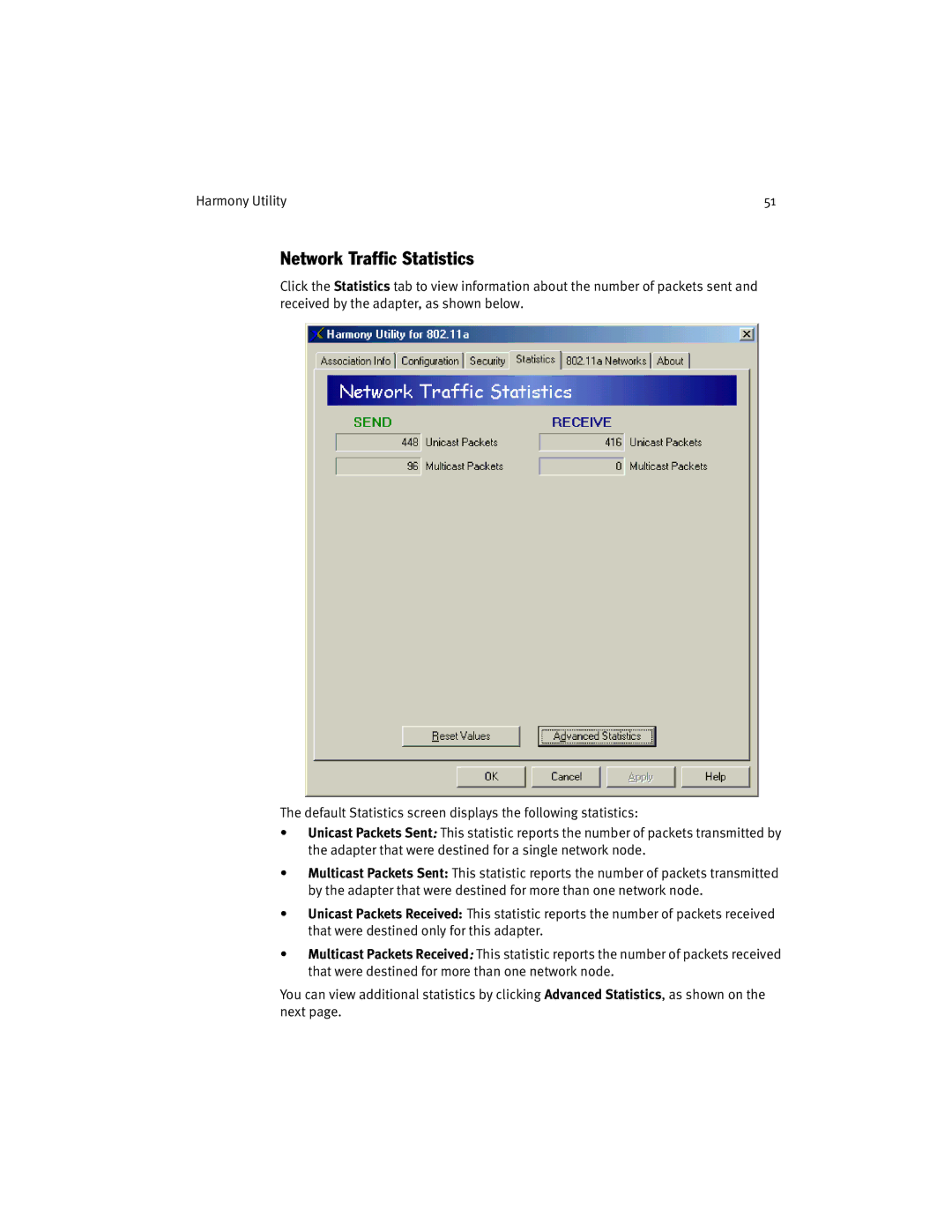 Harmony House 802.11a manual Network Traffic Statistics 