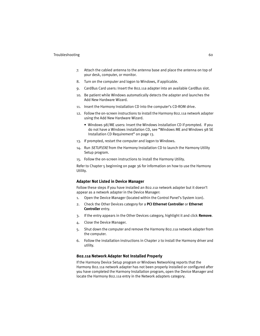 Harmony House manual Adapter Not Listed in Device Manager, 802.11a Network Adapter Not Installed Properly 