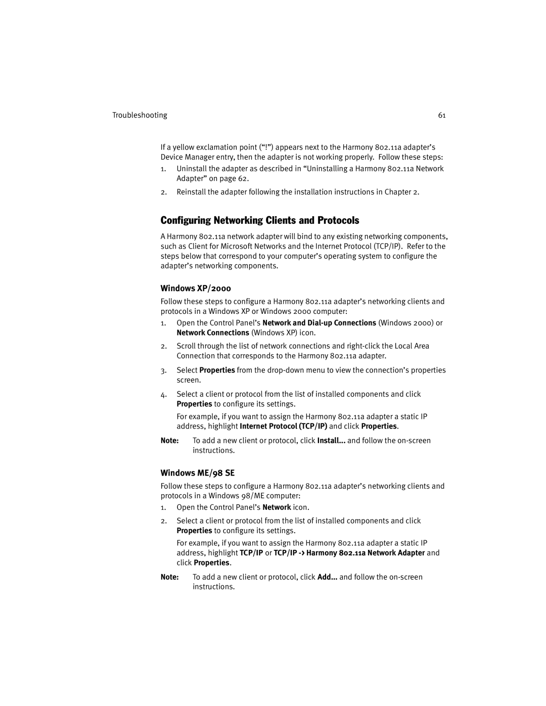 Harmony House 802.11a manual Configuring Networking Clients and Protocols, Windows XP/2000, Windows ME/98 SE 