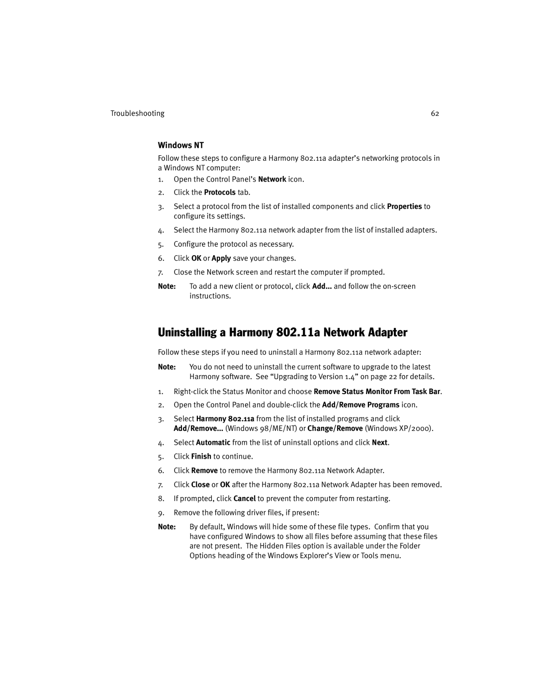 Harmony House manual Uninstalling a Harmony 802.11a Network Adapter, Windows NT 