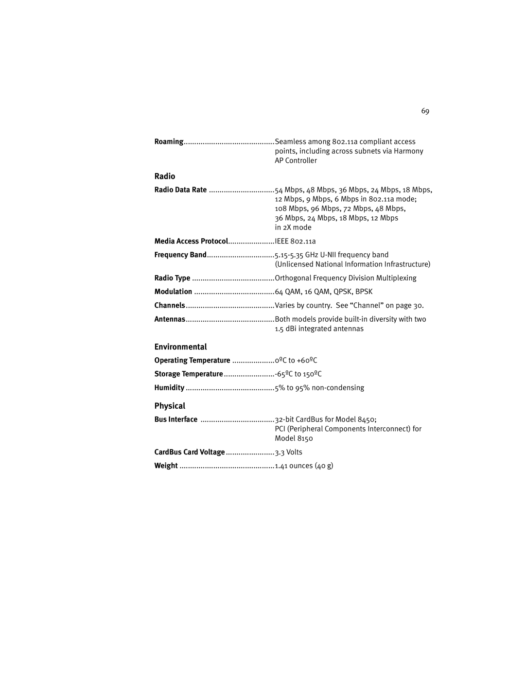 Harmony House 802.11a manual Radio, Environmental, Physical 