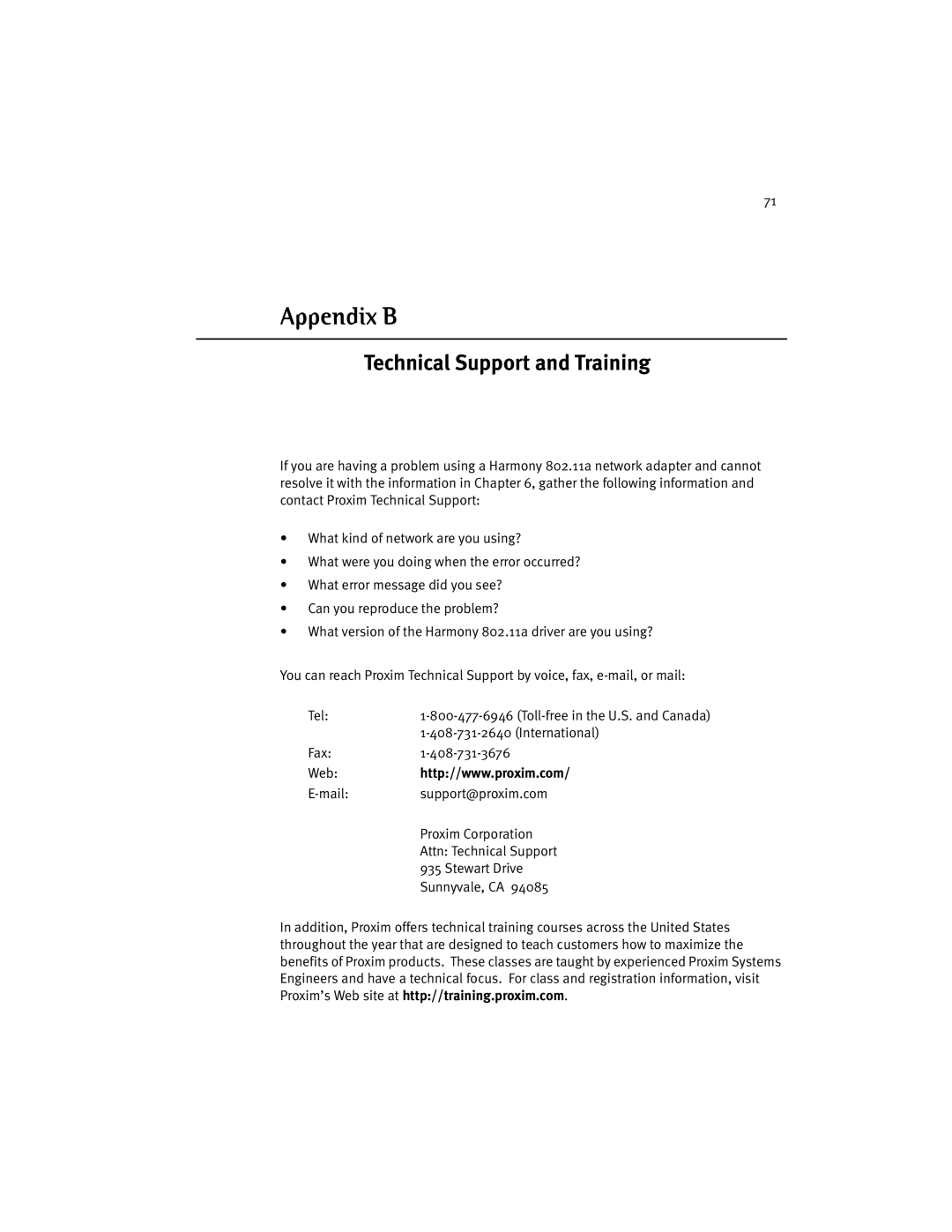 Harmony House 802.11a manual Appendix B, Technical Support and Training 