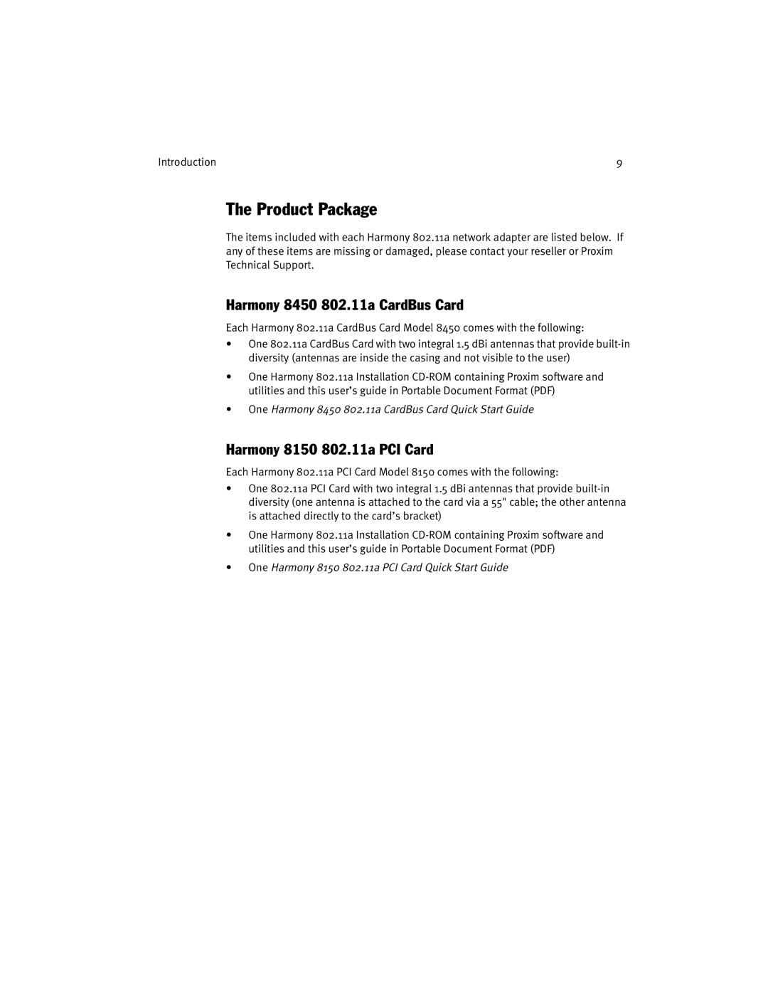 Harmony House manual Product Package, Harmony 8450 802.11a CardBus Card, Harmony 8150 802.11a PCI Card 