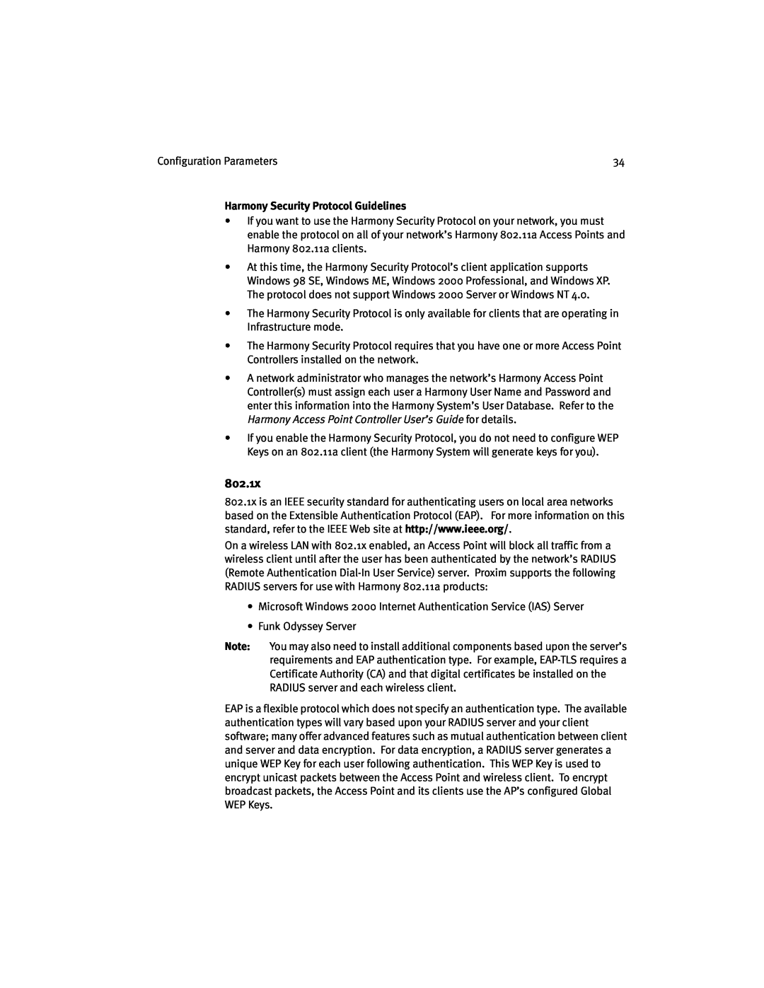 Harmony House 802.11a manual 802.1x, Harmony Security Protocol Guidelines 