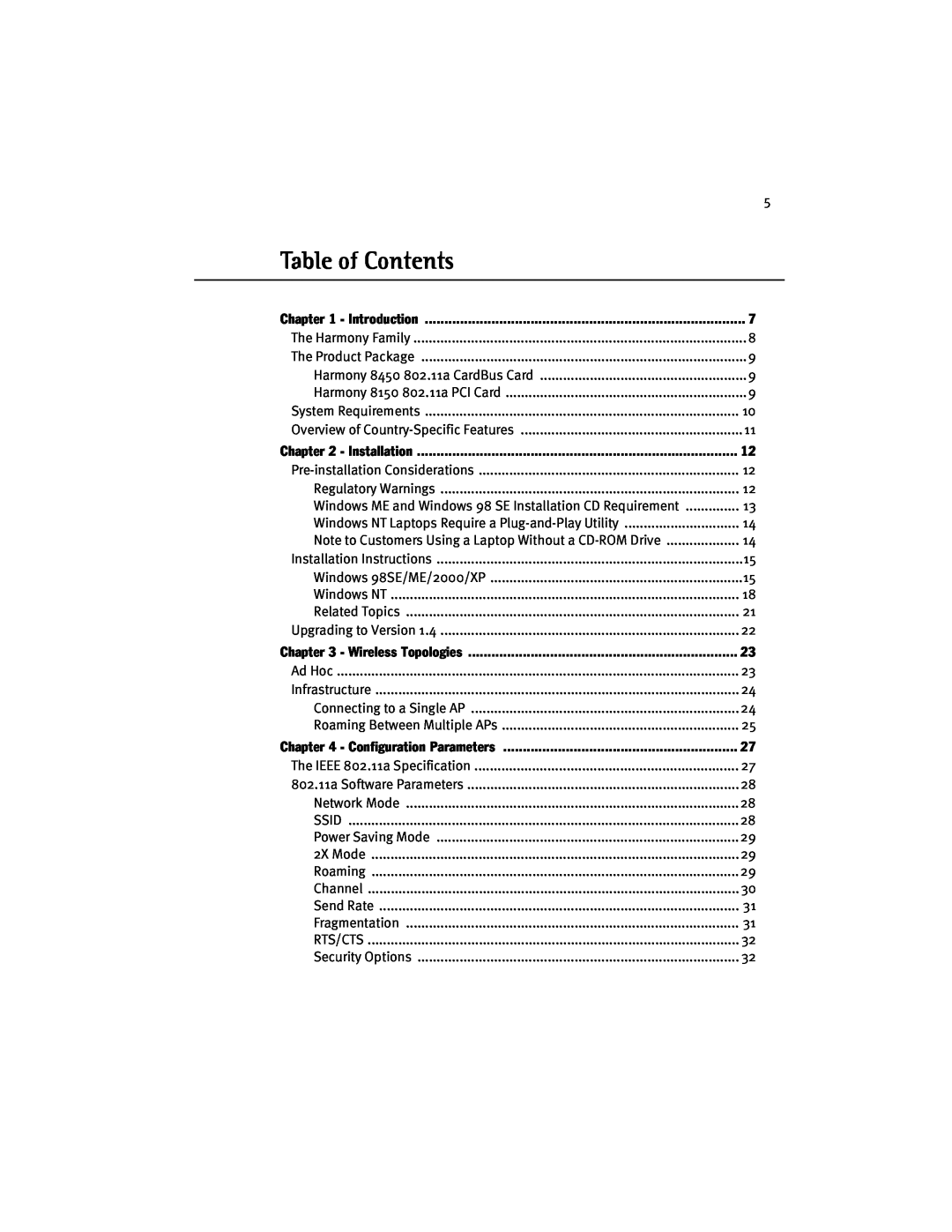 Harmony House 802.11a manual Table of Contents 