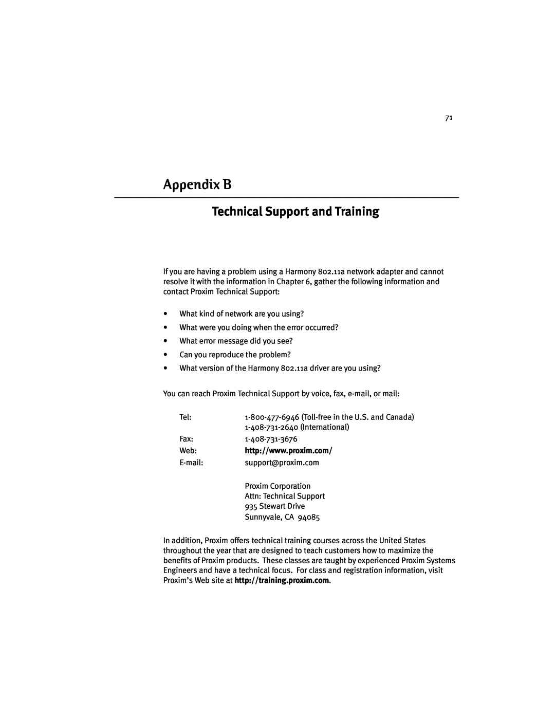 Harmony House 802.11a manual Appendix B, Technical Support and Training 
