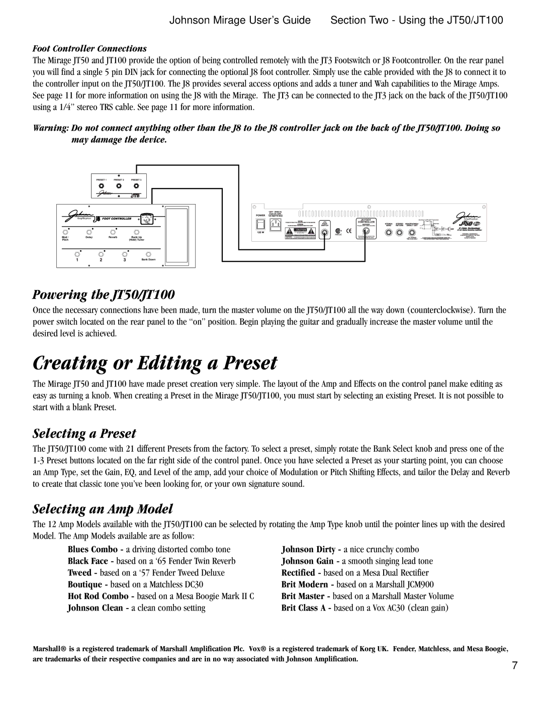 Harmony House manual Creating or Editing a Preset, Powering the JT50/JT100, Selecting a Preset, Selecting an Amp Model 