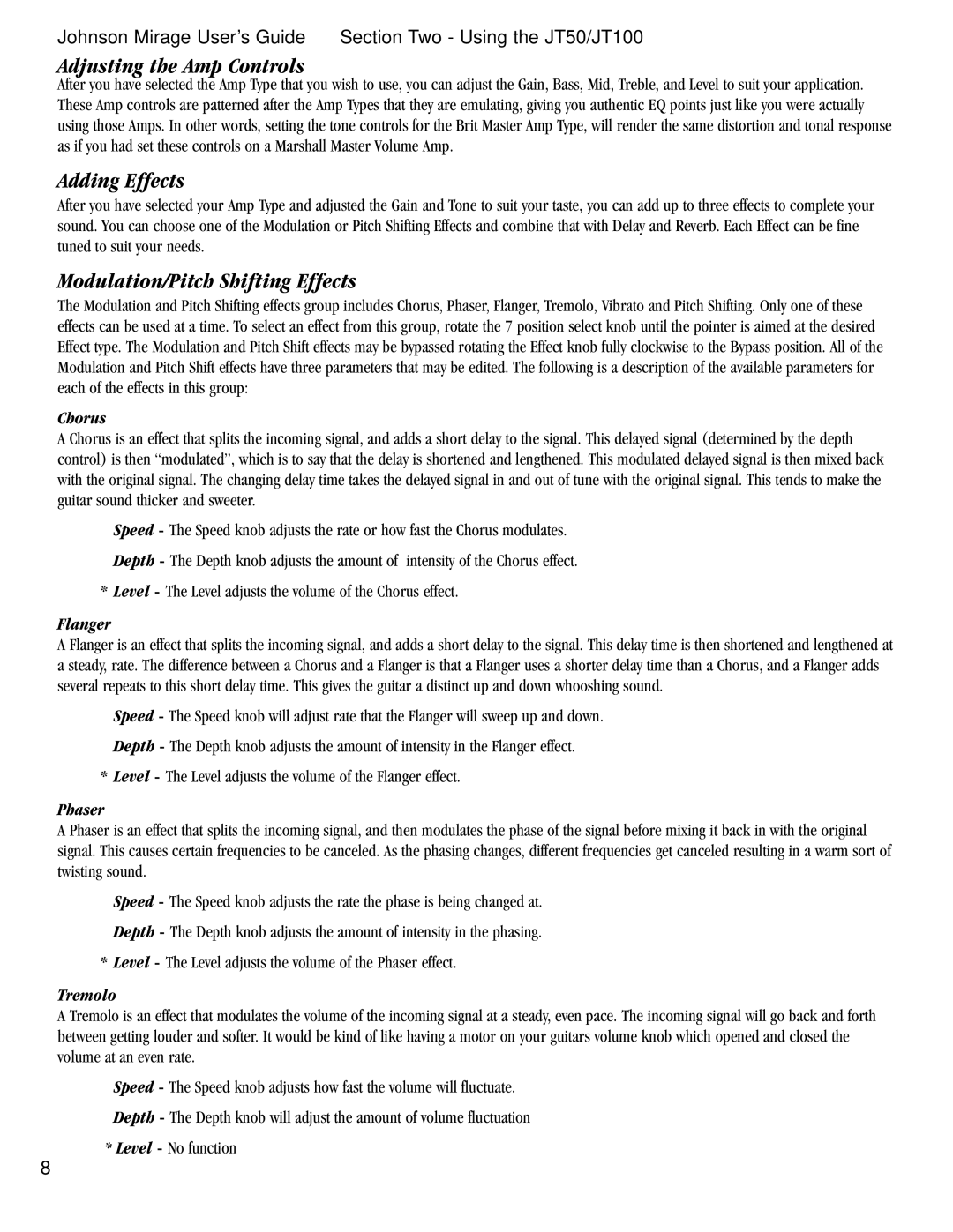 Harmony House JT50, JT100 manual Adjusting the Amp Controls, Adding Effects, Modulation/Pitch Shifting Effects 