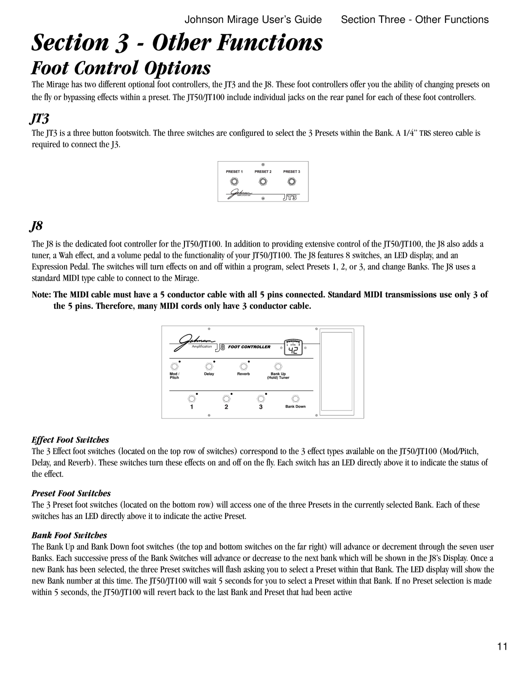 Harmony House JT100 Other Functions, Foot Control Options, Effect Foot Switches, Preset Foot Switches, Bank Foot Switches 