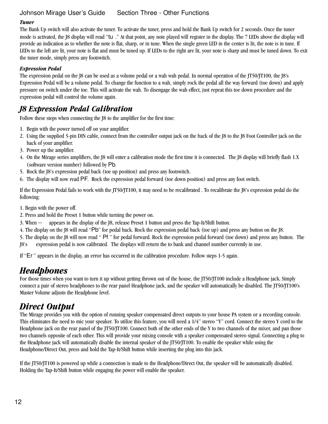 Harmony House JT50, JT100 manual J8 Expression Pedal Calibration, Tuner 