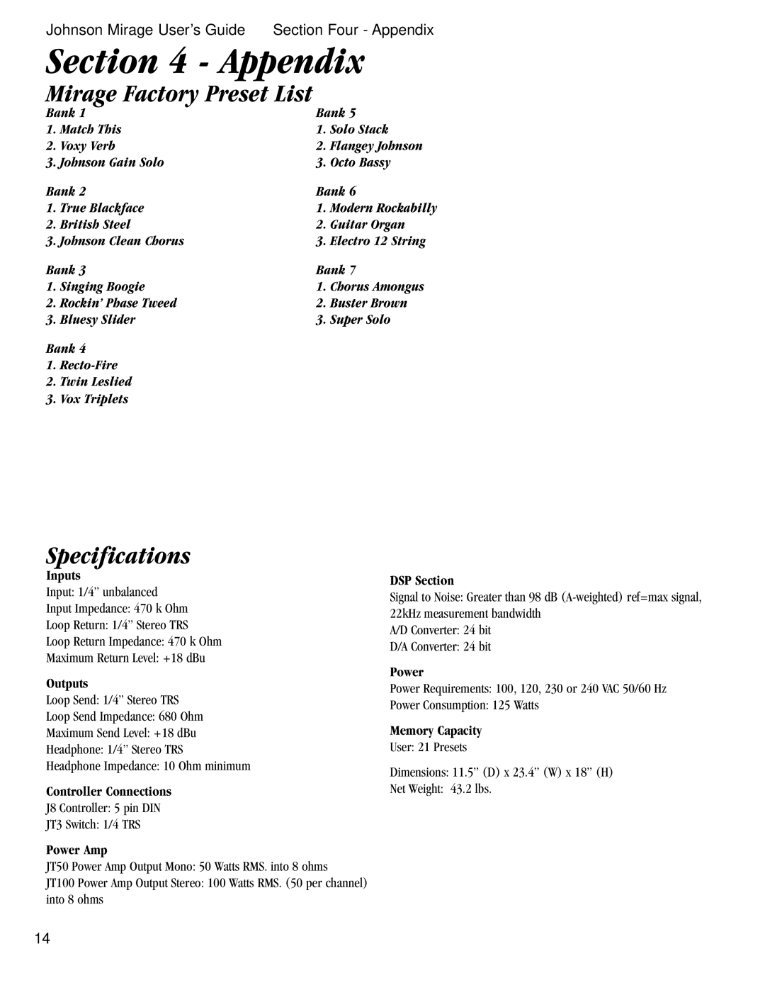 Harmony House JT50, JT100 manual Appendix, Mirage Factory Preset List 