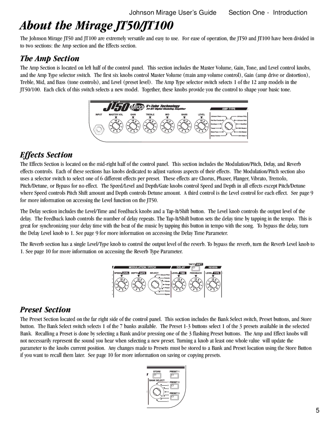 Harmony House manual About the Mirage JT50/JT100, Amp Section, Effects Section, Preset Section 