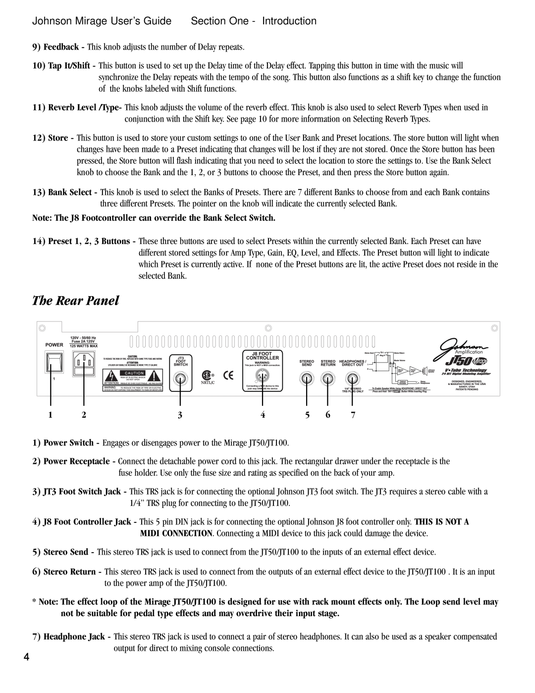 Harmony House JT50, JT100 manual The Rear Panel, Johnson Mirage User’s Guide, Section One - Introduction 