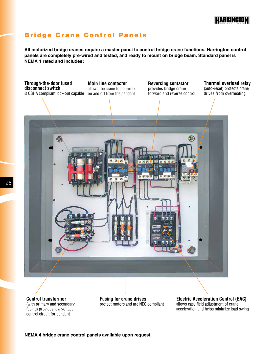 Harrington Hoists EAC800, EAC700, EAC900 manual Bridge Crane Control Panels, Main line contactor Reversing contactor 