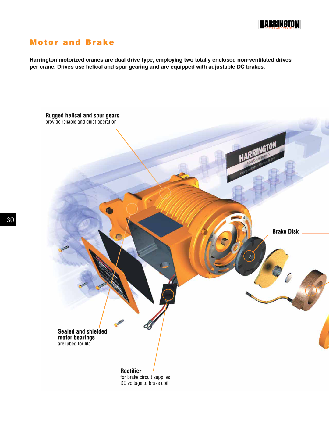 Harrington Hoists EAC900, EAC800, EAC700 manual Motor and Brake, Rugged helical and spur gears, Brake Disk, Rectifier 