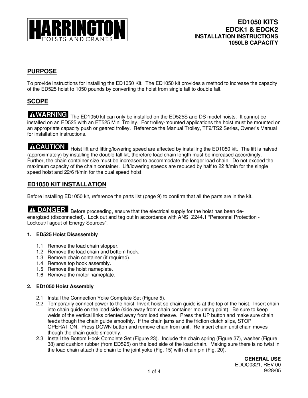 Harrington Hoists installation instructions ED1050 Kits EDCK1 & EDCK2 