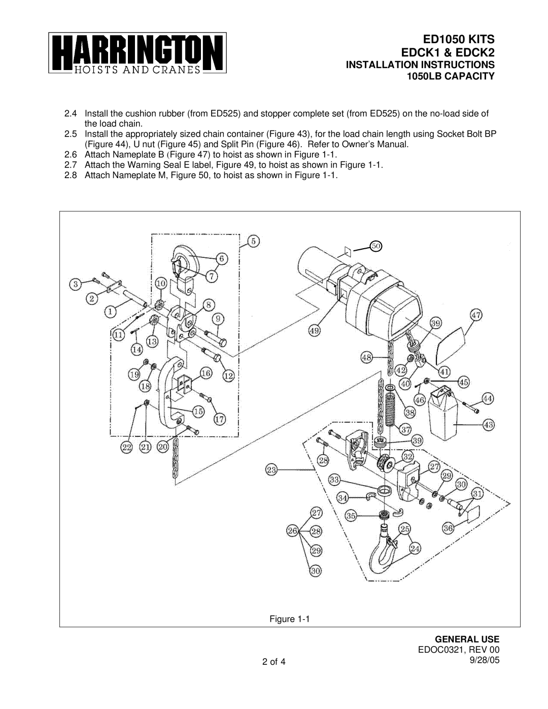 Harrington Hoists installation instructions ED1050 Kits EDCK1 & EDCK2 