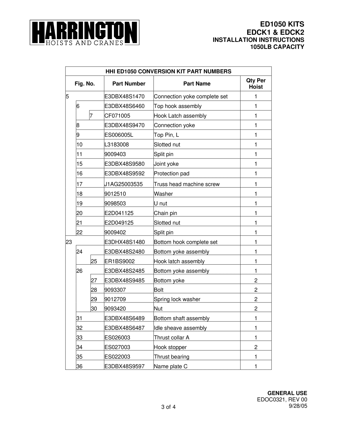 Harrington Hoists EDCK1, EDCK2 installation instructions HHI ED1050 Conversion KIT Part Numbers 