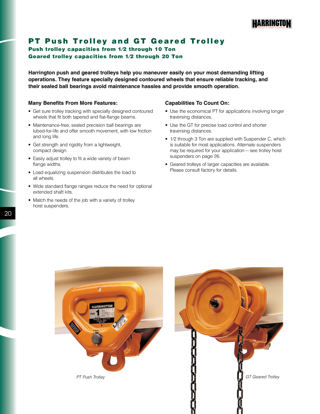 Harrington Hoists PT Push Trolley manual Push Trolley and GT Geared Trolley, Capabilities To Count On 