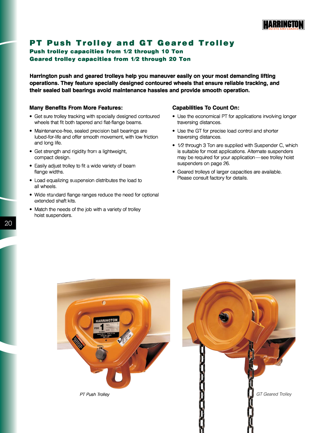 Harrington Hoists PT Push Trolley, GT Geared Trolley manual Many Benefits From More Features, Capabilities To Count On 