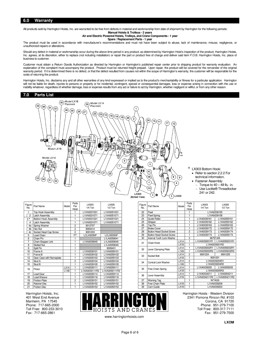 Harrington Hoists LXOM warranty Warranty, Parts List 