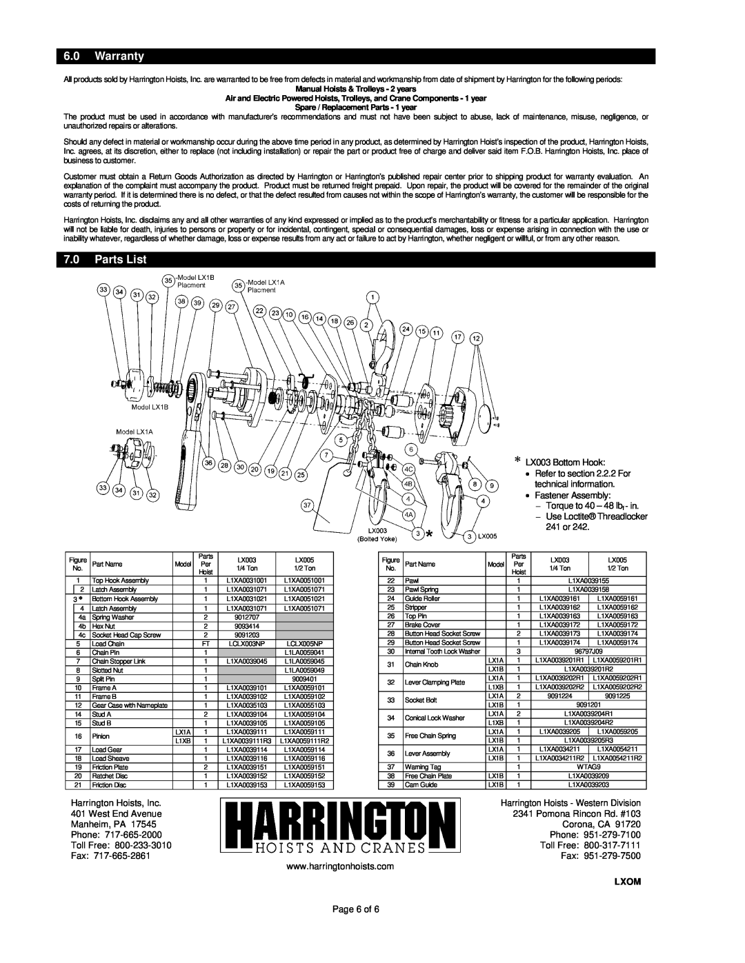Harrington Hoists LXOM warranty Warranty, Parts List, Lxom 