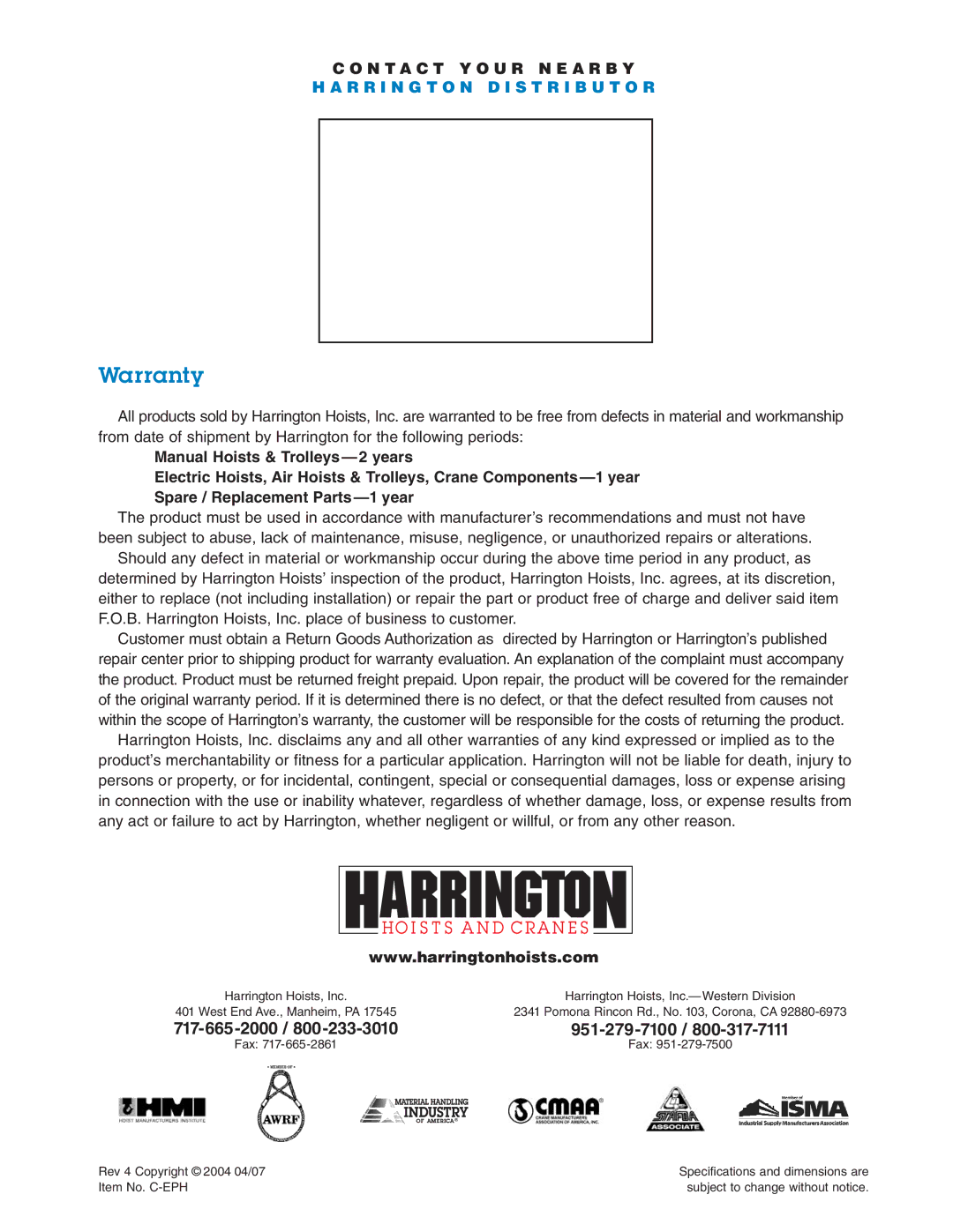 Harrington Hoists NER manual Warranty 