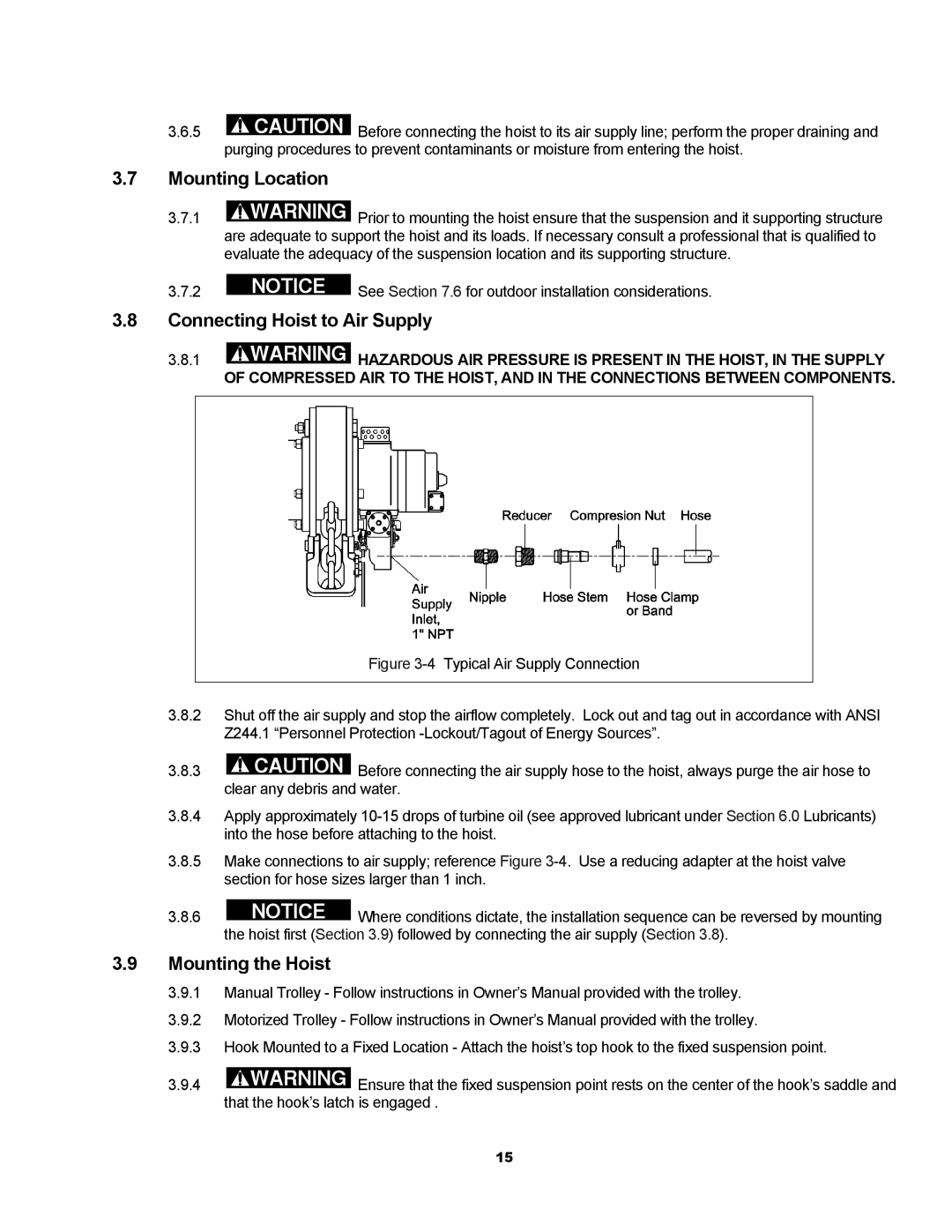 Harrington Hoists TCR owner manual Mounting Location, Connecting Hoist to Air Supply, Mounting the Hoist 