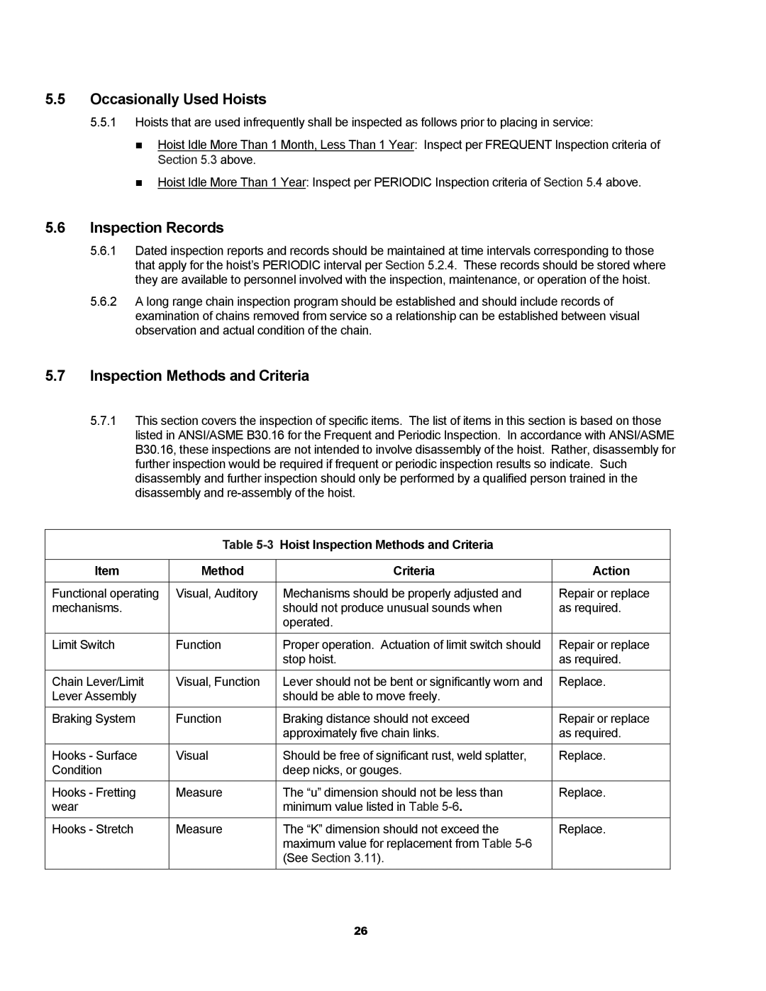 Harrington Hoists TCR owner manual Occasionally Used Hoists, Inspection Records, Inspection Methods and Criteria 