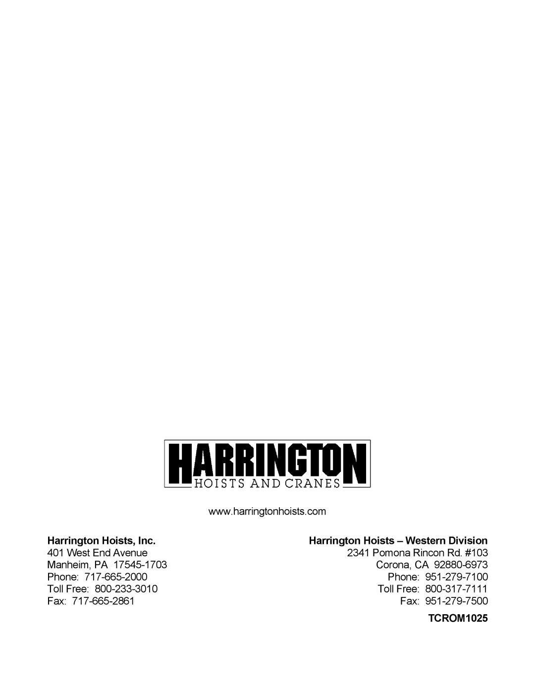 Harrington Hoists TCR owner manual Harrington Hoists, Inc Harrington Hoists Western Division 