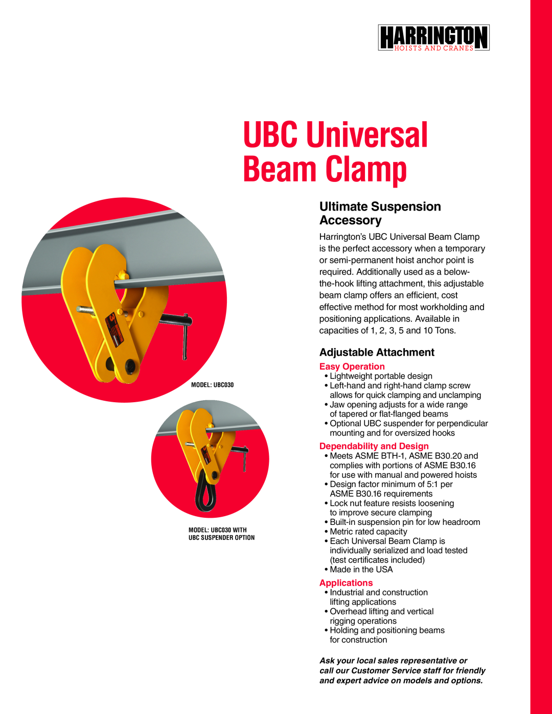 Harrington Hoists UBC030 manual UBC Universal Beam Clamp, Ultimate Suspension Accessory, Adjustable Attachment 