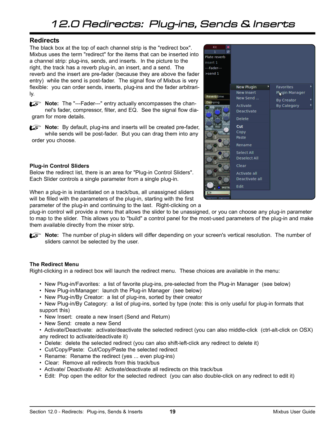 Harrison Labs V2.0.2 manual Redirects Plug-ins, Sends & Inserts, Plug-in Control Sliders, Redirect Menu 