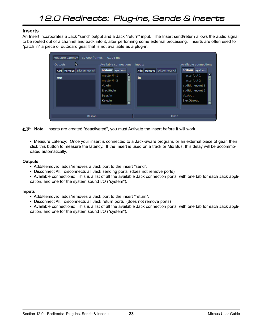 Harrison Labs V2.0.2 manual Inserts, Outputs, Inputs 