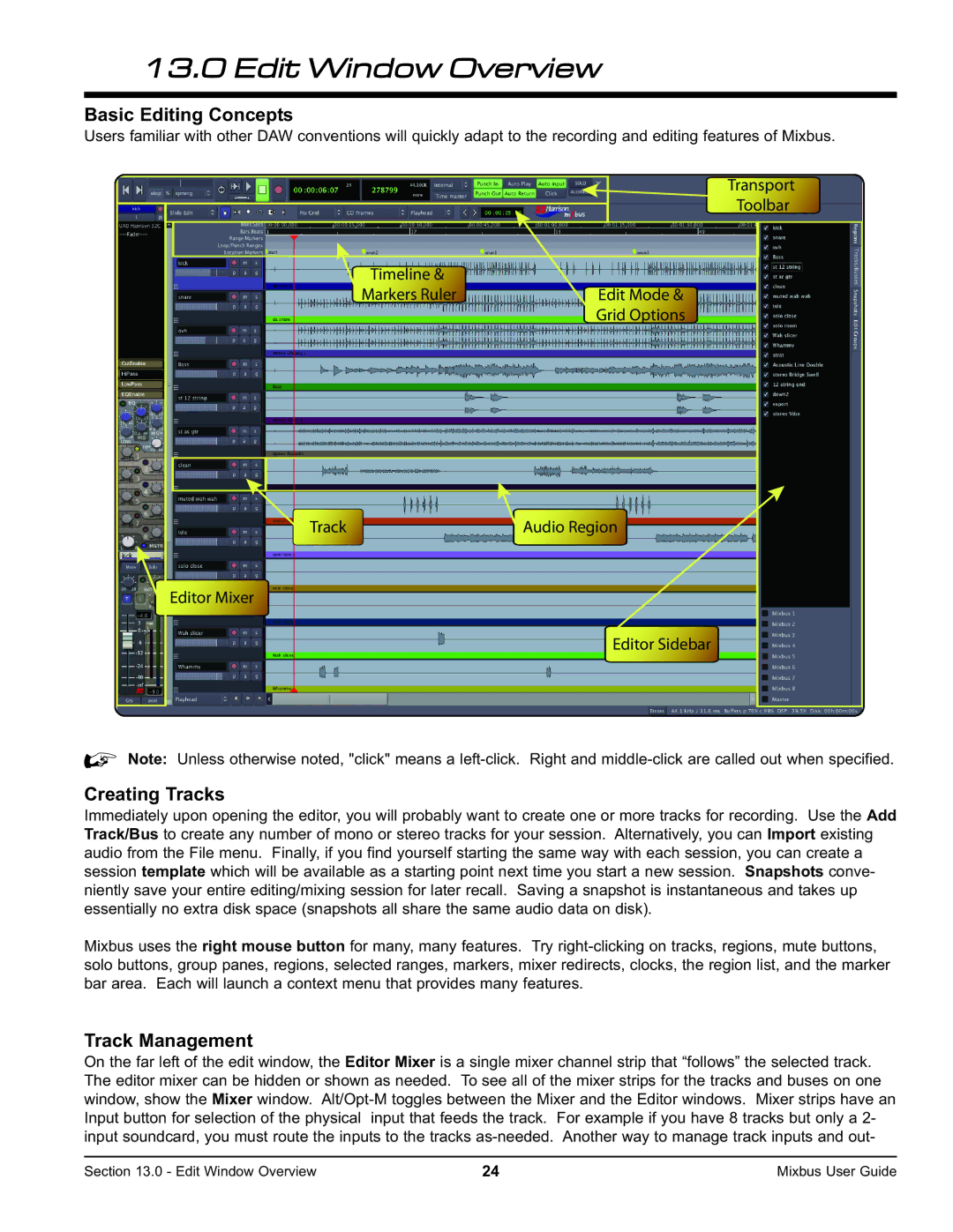 Harrison Labs V2.0.2 manual Edit Window Overview, Basic Editing Concepts, Creating Tracks, Track Management 