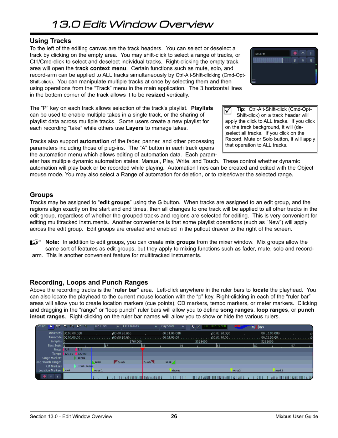 Harrison Labs V2.0.2 manual Using Tracks, Groups, Recording, Loops and Punch Ranges 