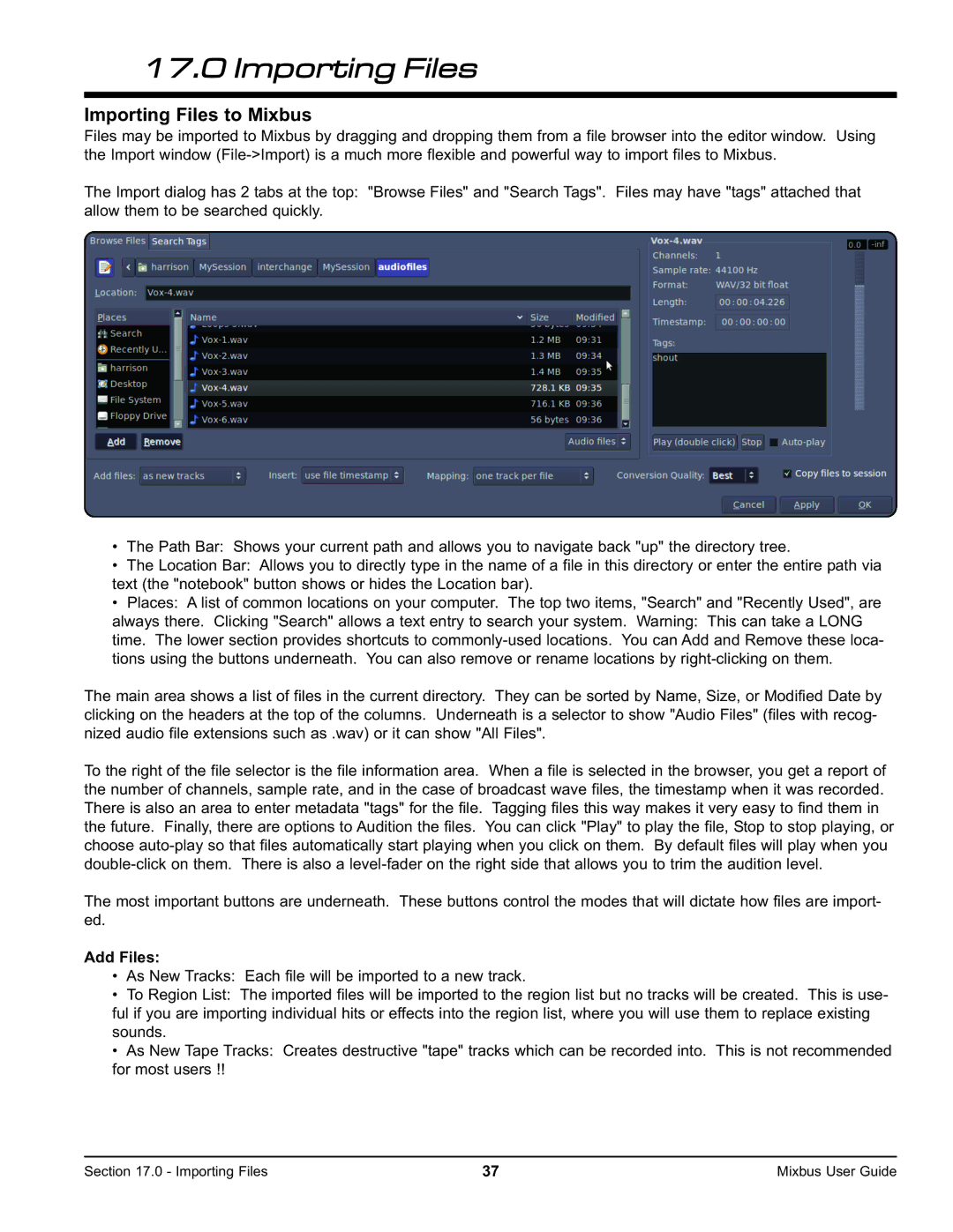 Harrison Labs V2.0.2 manual Importing Files to Mixbus, Add Files 