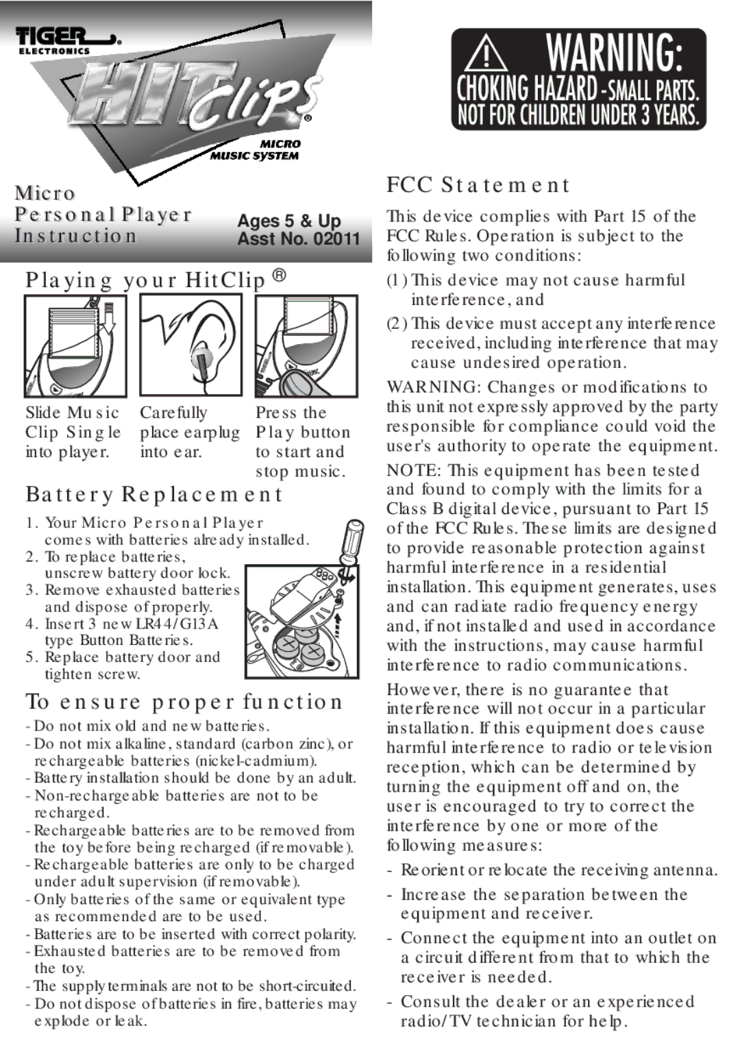 Hasbro 02011 manual Playing your HitClip FCC Statement, Battery Replacement, To ensure proper function 