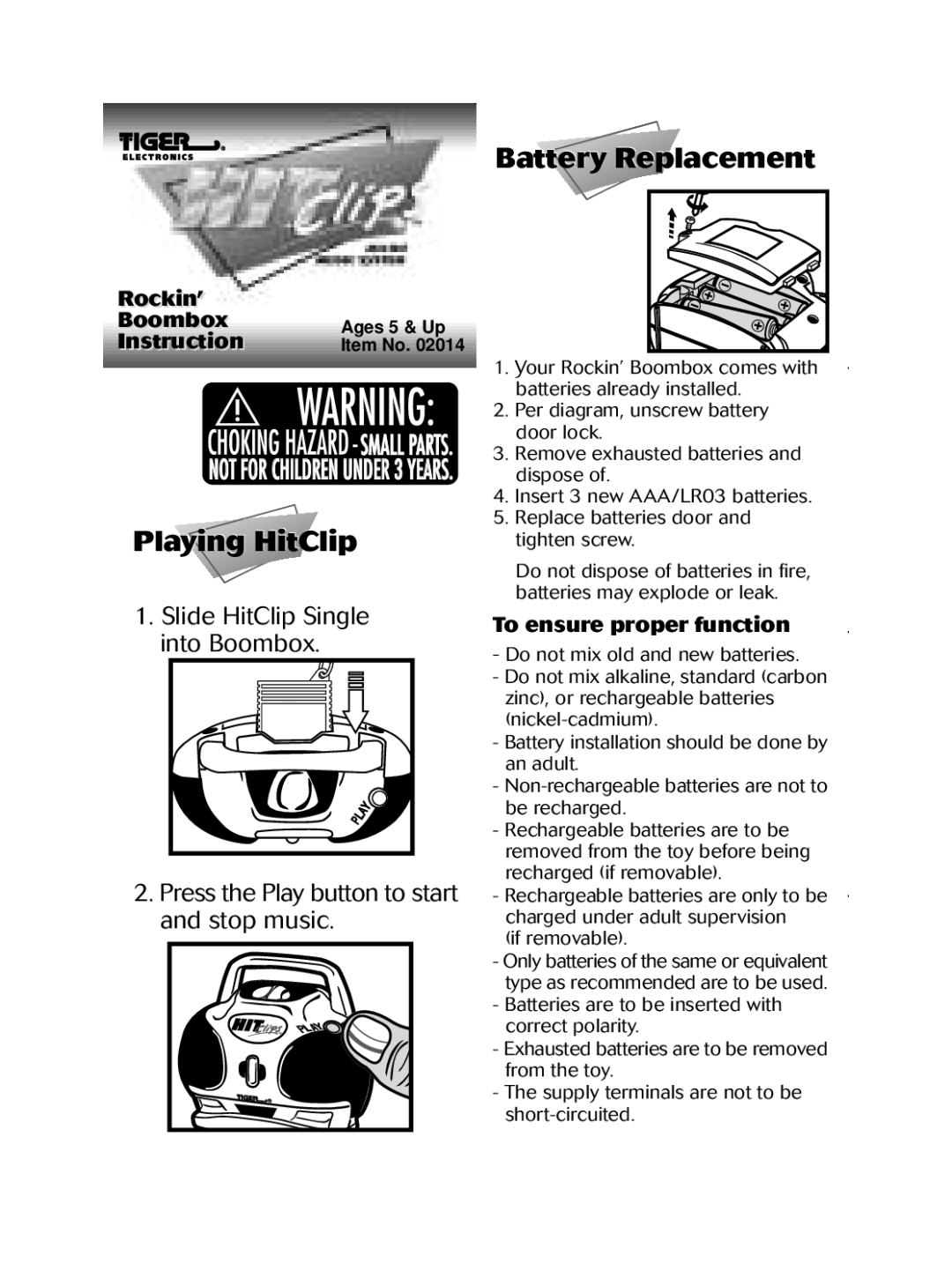 Hasbro 02014 manual Playing HitClip, Battery Replacement, Rockin’i ’ Boombox, Instructioni, To ensure proper function 