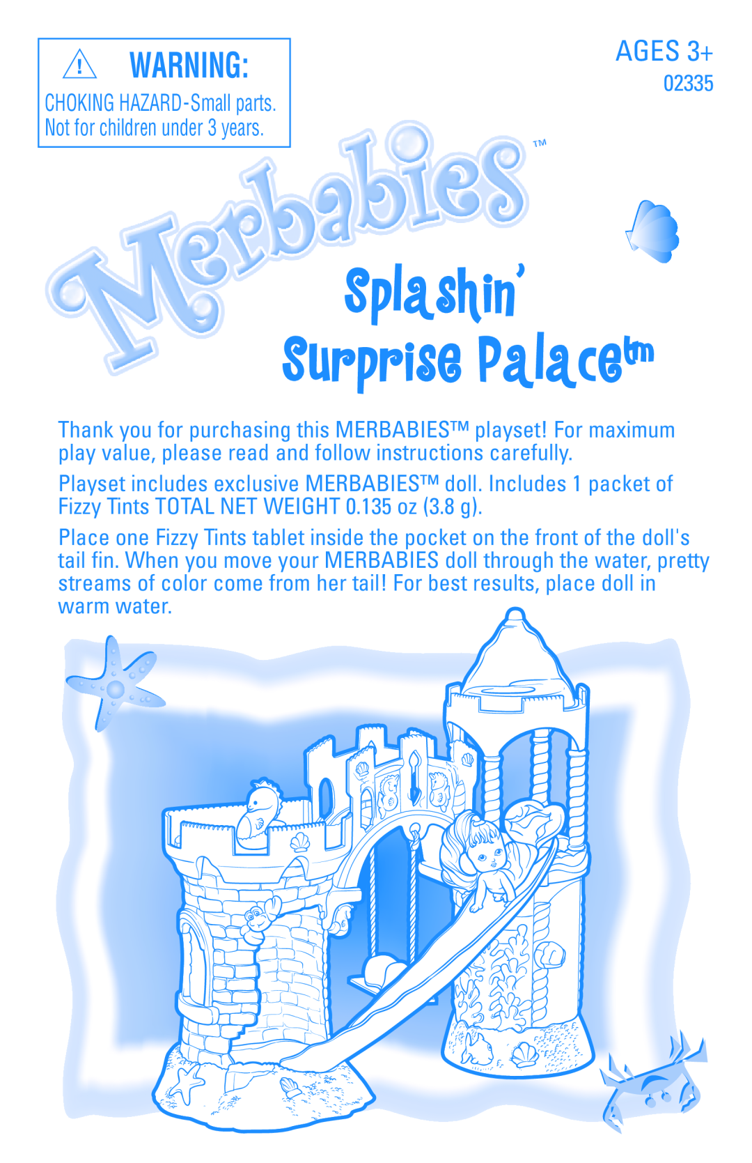 Hasbro 02335 manual Splashin’ Surprise Palace, AGES 3+ 